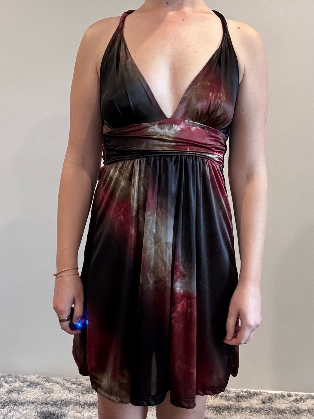 Tie-Dye Empire Waist Mini Dress in Black and Burgundy